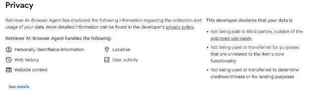 The Chrome Web Store privacy panel for the extension: it handles personally identifiable information, location, web history, user activity and website content, and the developer declares the data is not sold to third parties outside the approved use cases