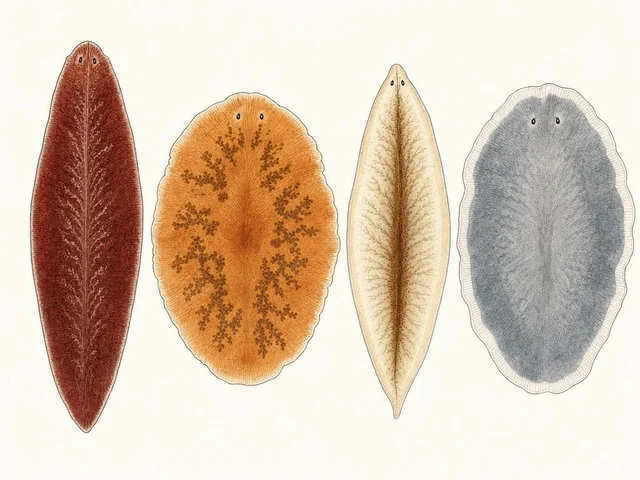 Four dorsal body-plan sketches of polyclad flatworm forms — elongated oval in dark red, broad disc in mottled orange, narrow leaf-shape in pale cream, rounded form in grey-blue