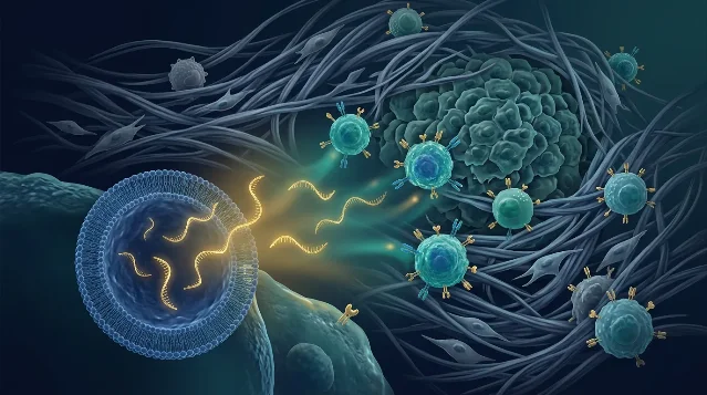 Lipid nanoparticle releasing mRNA strands to activate immune cells against a pancreatic tumor mass surrounded by desmoplastic stroma
