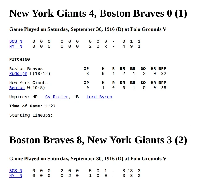 Two cropped box scores from 30 September 1916: the Giants' 4-0 win, with Rube Benton's one-hitter and a game time of 1 hour 27 minutes, and the Braves' 8-3 win in the second game