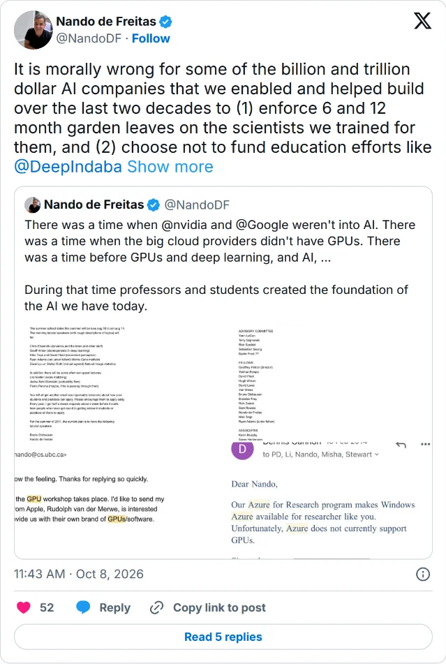 X 卡片截图:Nando de Freitas 的帖文「There was a time when @nvidia and @Google weren't into AI... During that time professors and students created the foundation of the AI we have today.」,下方是被它引用的第二条帖,正文在「@DeepIndaba」之后折成「Show more」