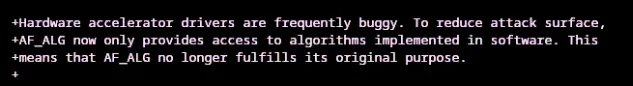 AF_ALG kernel code comment noting hardware accelerator drivers are frequently buggy