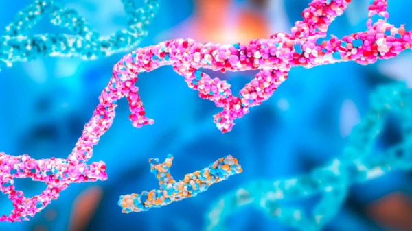 3D illustration of a DNA double helix with molecular binding — conceptual representation of gene therapy development