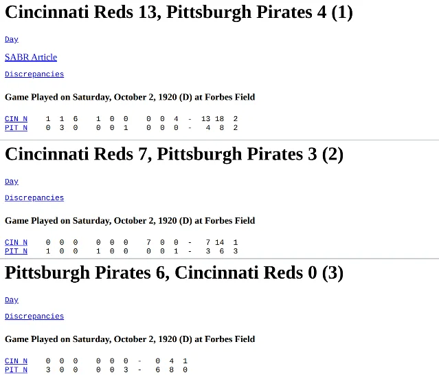 Three box scores stacked: Cincinnati Reds 13, Pittsburgh Pirates 4 (1); Cincinnati Reds 7, Pittsburgh Pirates 3 (2); and Pittsburgh Pirates 6, Cincinnati Reds 0 (3), each headed "Game Played on Saturday, October 2, 1920 (D) at Forbes Field"