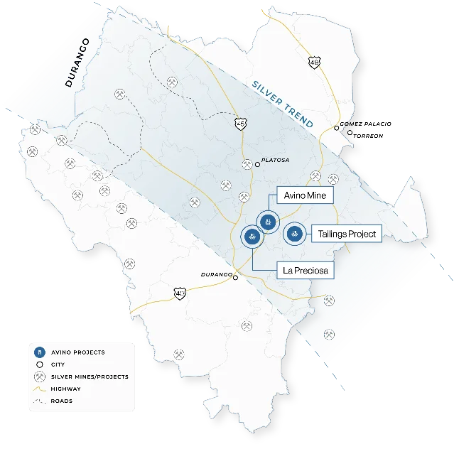 Avino, La Preciosa, and the Oxide Tailings Project plotted within Durango's Silver Trend
