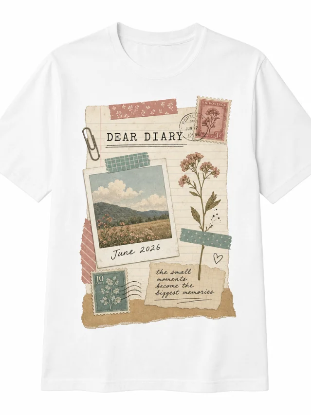 Analog Revival / Journalcore tee concept — journal collage, "DEAR DIARY" typewriter headline, washi tape, polaroid, vintage stamp