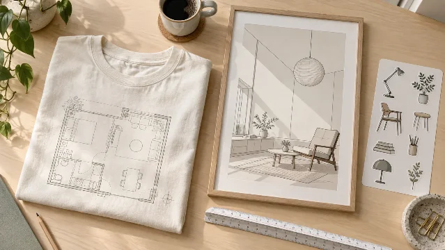 Dorm Designer product flat lay showing a cream t-shirt with a floor plan graphic, a framed room line art poster, and furniture stickers on a wooden desk