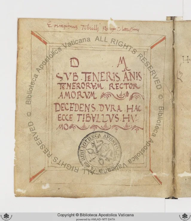 Folio 65v of Ott.lat.2857: the epitaph of Tibullus written in capital letters with "D.M." (Dis Manibus) inside a rectangular frame mimicking a Roman tombstone