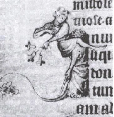 Detail of marginal illustrations from the Hours of Jeanne d'Evreux, showing a hybrid creature in the bas-de-page border. Approximately 700 such drolleries fill the manuscript's margins throughout all 209 folios.