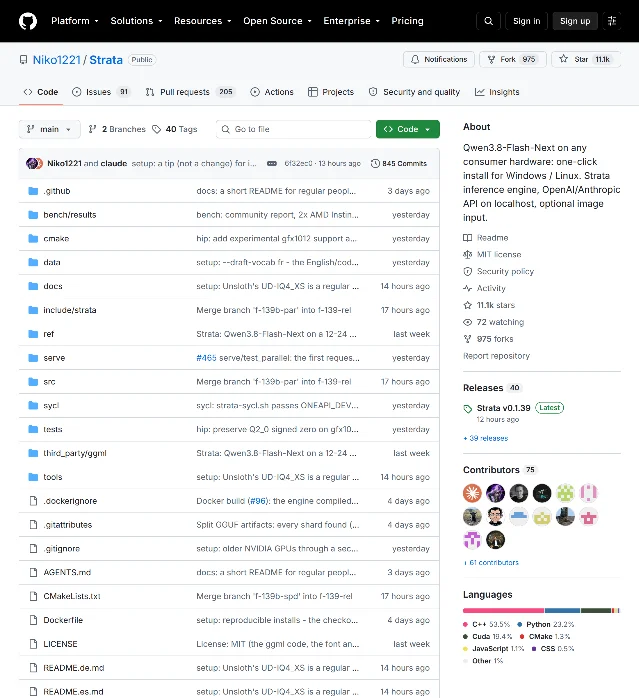 GitHub 上 Niko1221/Strata 仓库页，右栏写着 Qwen3.8-Flash-Next on any consumer hardware，下面是 MIT license、11.1k stars 与 975 forks
