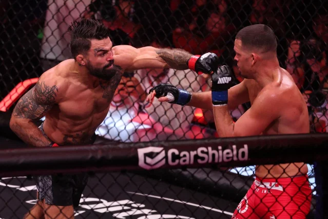 Mike Perry lands a punch on Nate Diaz during their welterweight co-main event at MVP MMA 1, May 16, 2026, Intuit Dome, Inglewood, CA