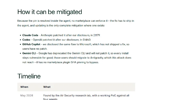 A screenshot of the Air Security Plugin4Shell page headed How it can be mitigated, giving the patch status for Claude Code, Codex, GitHub Copilot and Gemini CLI, above the Timeline heading