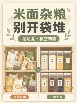 米面杂粮别开袋堆，透明盒标签朝前