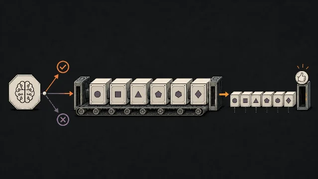 Conceptual illustration of an AI decision node selecting a fixed workflow that repeats the same steps before a human approval gate