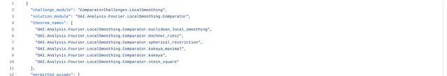 一段 JSON 配置:challenge_module 为 ComparatorChallenges.LocalSmoothing,solution_module 为 OAI.Analysis.Fourier.LocalSmoothing.Comparator,theorem_names 列出六条声明,permitted_axioms 列出 propext、Quot.sound、Classical.choice