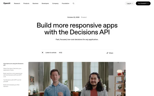 OpenAI 公告页首屏,标题为 Build more responsive apps with the Decisions API,标题上方标注 October 22, 2026 与 Product