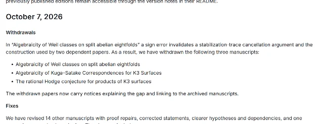 GitHub 页面截图:标题 October 7, 2026,Withdrawals 段原文「In "Algebraicity of Weil classes on split abelian eightfolds" a sign error invalidates a stabilization-trace cancellation argument and the construction used by two dependent papers. As a result, we have withdrawn the following three manuscripts」,下接三个被撤稿标题,其后是 Fixes 段「We have revised 14 other manuscripts with proof repairs, corrected statements, clearer hypotheses and dependencies」
