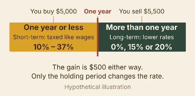 A horizontal line marked You buy $5,000 at the left end, One year in the middle, and You sell $5,500 at the right end. The half before the one-year mark is labeled One year or less, short-term: taxed like wages, 10% to 37%. The half after it is labeled More than one year, long-term: lower rates, 0%, 15% or 20%. A line beneath reads: The gain is $500 either way, only the holding period changes the rate.