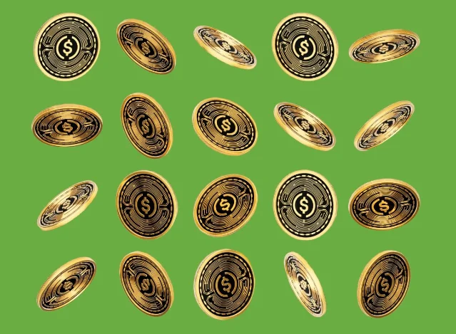 Golden dollar coins on green background — stablecoin regulation theme