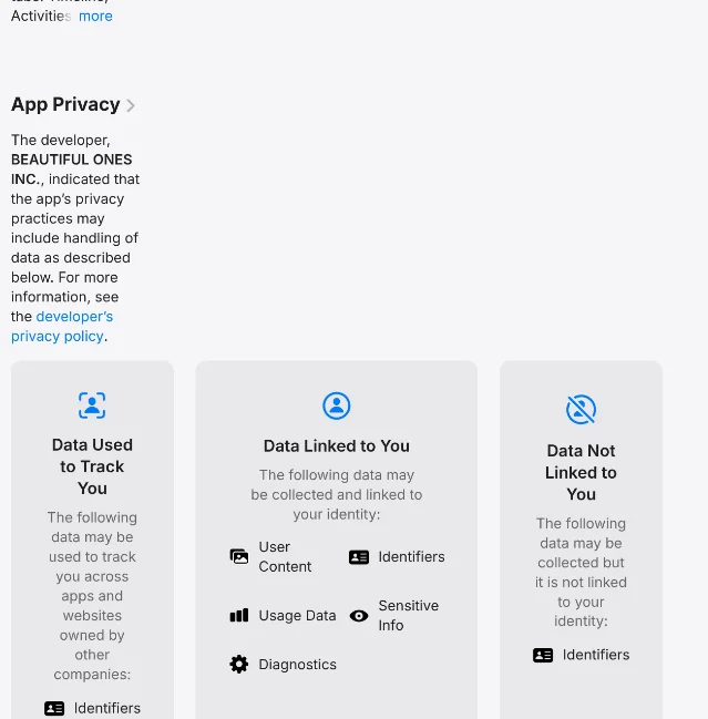 Apple's App Privacy label for Hemory, with three cards headed Data Used to Track You, Data Linked to You and Data Not Linked to You, listing Identifiers under tracking, and User Content, Identifiers, Usage Data, Sensitive Info and Diagnostics as linked to the user's identity