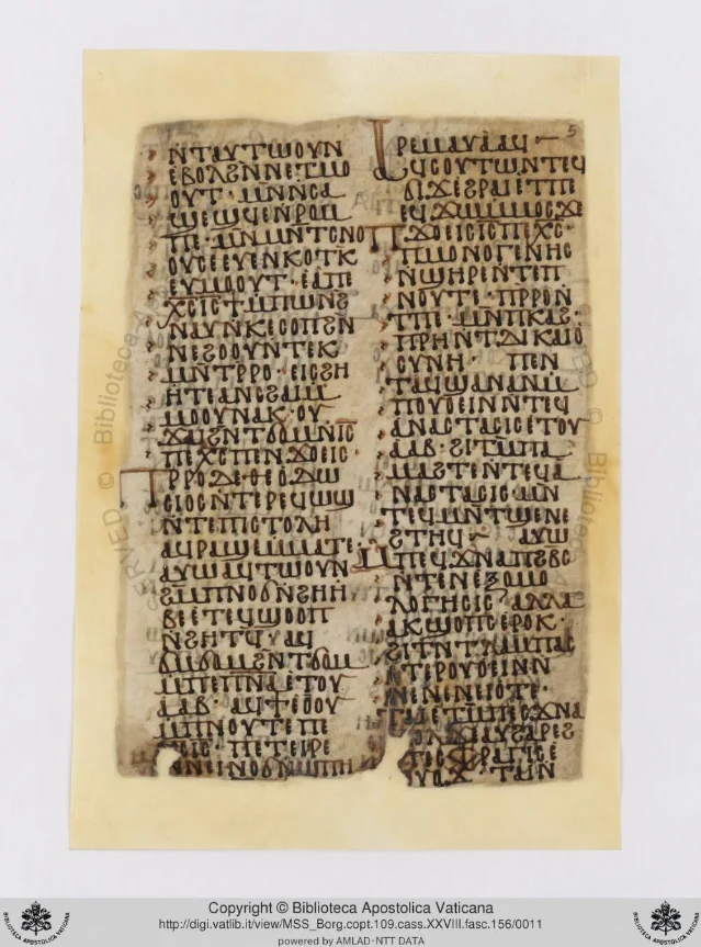 Folio 5r of Borg.copt.109.cass.XXVIII.fasc.156, the final parchment leaf, showing two columns of Sahidic Coptic text with increased edge darkening but legible script throughout