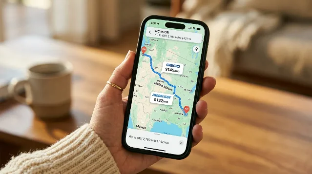 Phone in hand showing a map route from North Carolina to Oregon with Progressive and Geico insurance price tags visible along the route