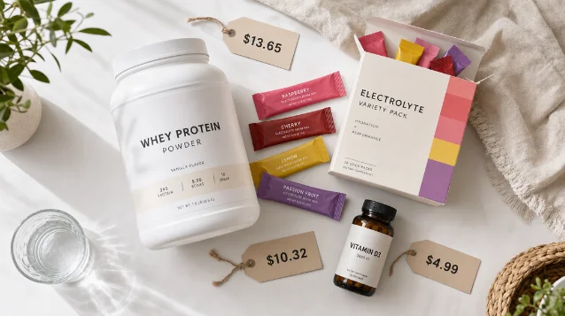 Protein powder tub, electrolyte variety pack, and vitamin D3 bottle on a white surface with price tags showing $13.65, $10.32, and $4.99