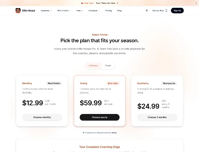 The Elite Hoops pricing page showing a monthly plan at $12.99, a yearly plan at $59.99 labelled Best value, and a quarterly plan at $24.99 labelled Most popular