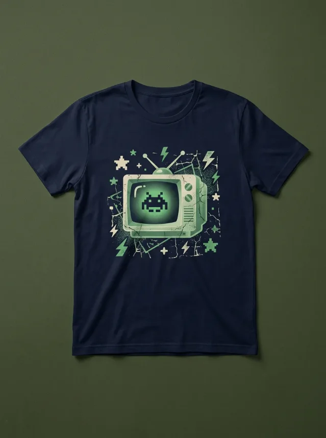 AI-generated concept: Older Brother Core Y2K t-shirt — CRT television graphic on a dark navy tee, translucent green pixel lightning bolt accents