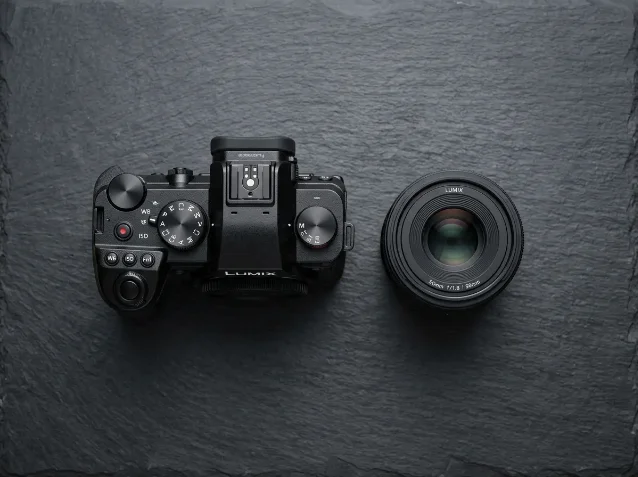 Panasonic Lumix S5 II camera body and 50mm f/1.8 lens, flat-lay on dark slate surface