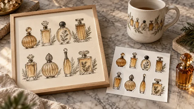 AI-generated product concept: framed perfumer's specimen chart of eight bottles, a matching sticker sheet and a bone-glazed mug on a marble counter