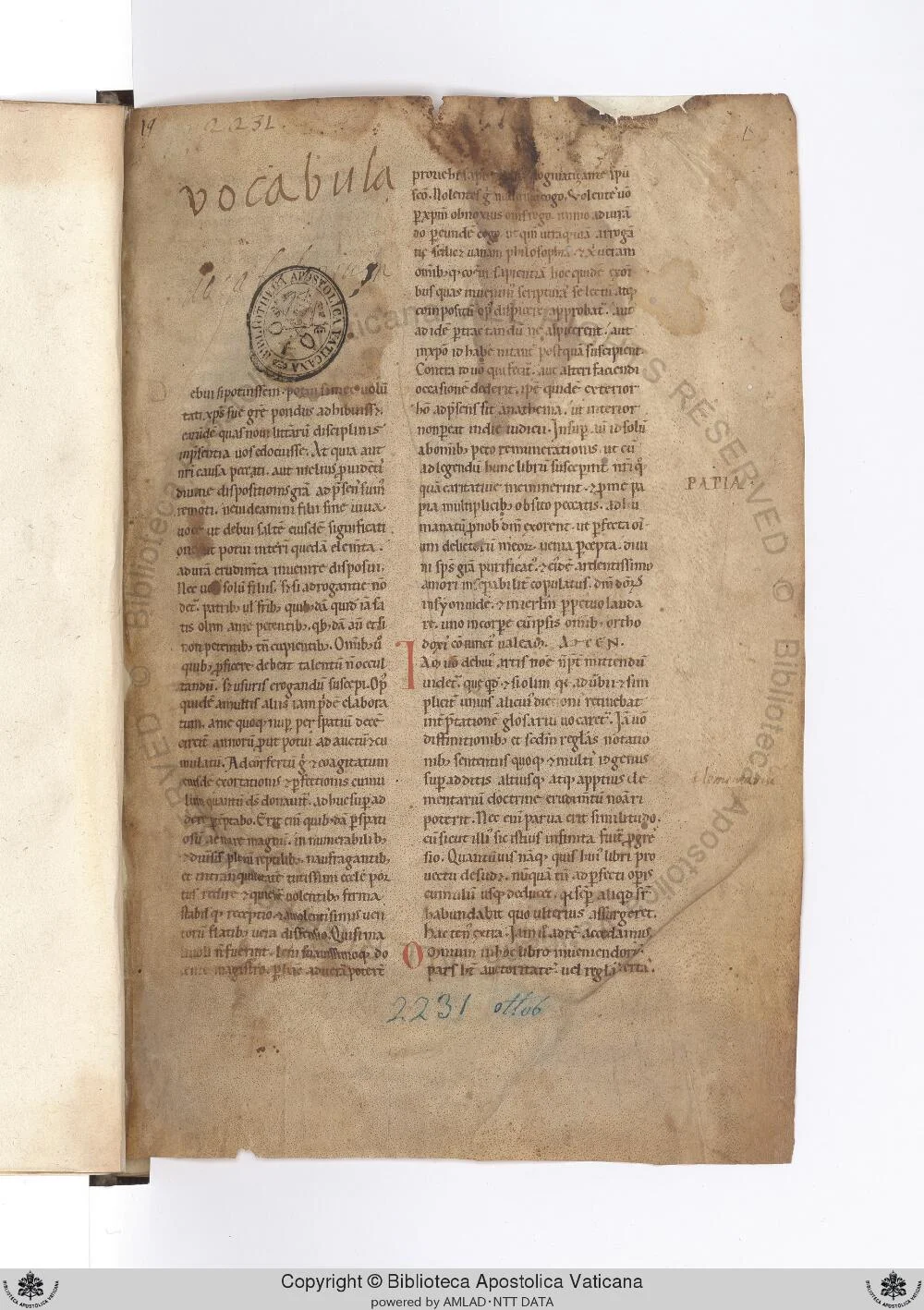 The first Latin dictionary, open to read in the Vatican