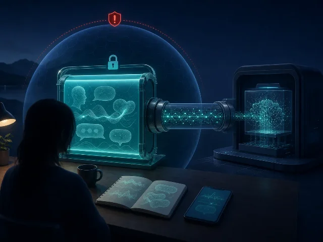 心理对话与情绪波形被封存在加密空间,密文经安全通道送往 AI 处理