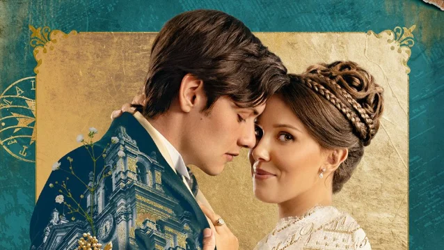Official Netflix key art for Enola Holmes 3: Millie Bobby Brown as Enola and Louis Partridge as Tewkesbury face each other in period costume, with a Maltese baroque cathedral integrated into the golden teal background
