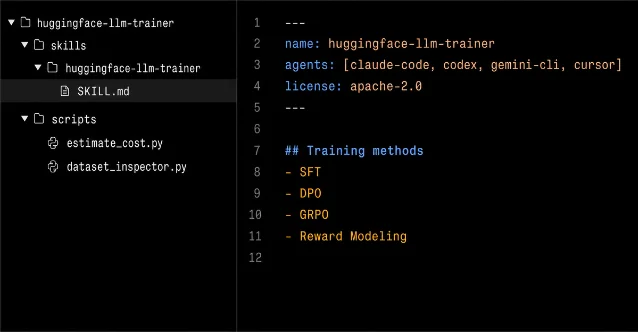 huggingface-llm-trainer SKILL.md file showing frontmatter with agents list and four training methods: SFT, DPO, GRPO, Reward Modeling