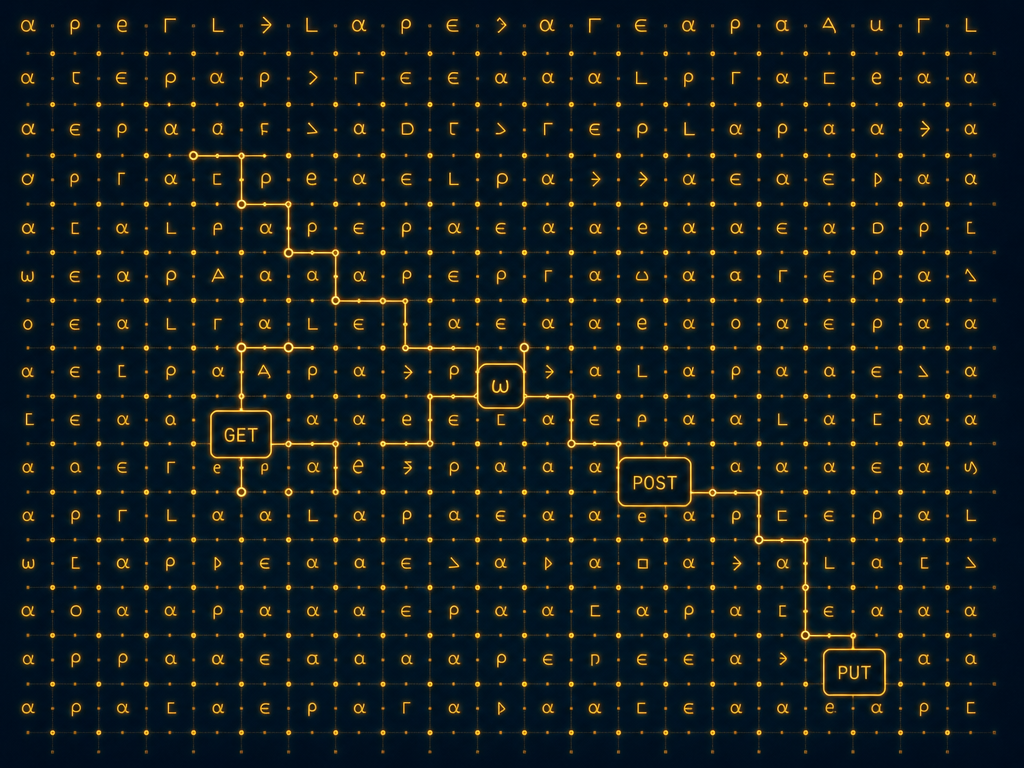 Dark terminal with glowing amber APL glyphs arranged like circuit traces, GET POST PUT route labels