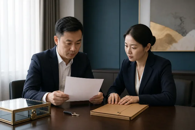 两名中国合规工作人员在会议室核查空白输出和密封档案,旁边放着硬件密钥与锁箱