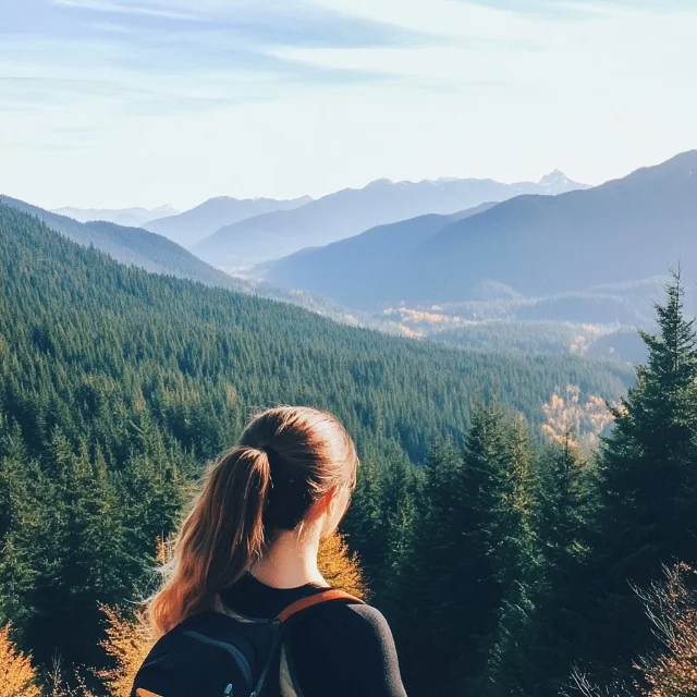 Midjourney output: "photo of a woman, mountains and trees in the distance --no background blur, bokeh" — full depth of field