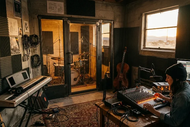 Interior of a small DIY recording studio in a concrete building — analog mixing console with warm orange LEDs, a cello standing in the corner, piano keyboard, drum kit visible through a glass partition, desert sunset light coming through a small window