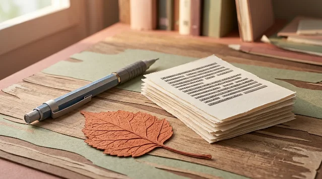 A wooden desk with handwritten pages and a mechanical pencil beside a terracotta leaf, cut-paper collage style