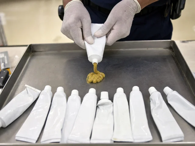 Gloved customs officer hands squeeze a white tube over a metal inspection tray, with thick golden-yellow paste emerging, and a row of similar squeezed tubes alongside