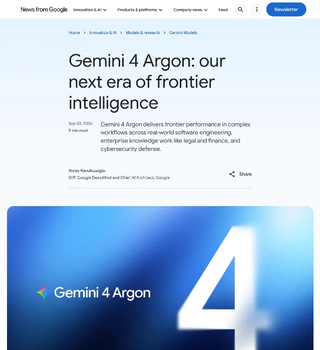 Google 官方博客 Gemini 4 Argon 页面，标题为 Gemini 4 Argon: our next era of frontier intelligence，日期 Sep 30, 2026