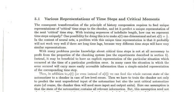 报告第 5.1 节扫描页:标题「5.1 Various Representations of Time Steps and Critical Moments」,正文提出把 s(t) 设为一维并取 s(t)=1/t,紧接着自陈该表示在长时滞下会让很不同的时间步得到很相似的表示