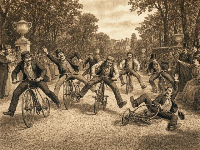 Six wobbling riders competing in the slow race at Saint-Cloud, 1868 — AI-generated illustration