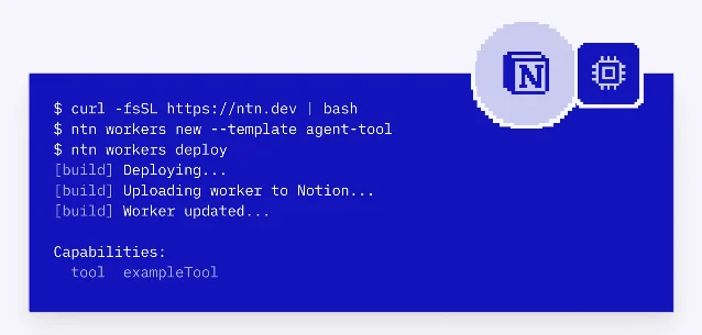 Notion CLI deployment flow — install, scaffold, deploy, success output