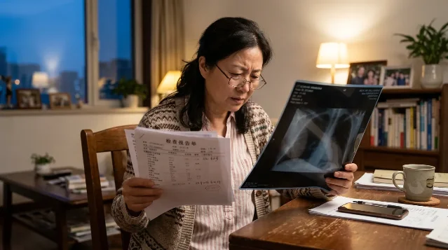中年女性在家中认真查看检查报告和 CT 影像