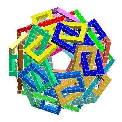 Icosahedron Holden polylink — 30 pentagonal rings interlocked in a rainbow of colors, render