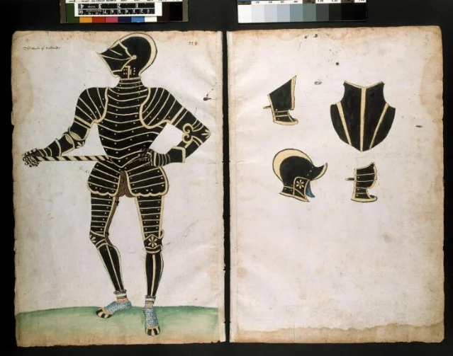 Jacob Album spread showing an armor design, Victoria and Albert Museum