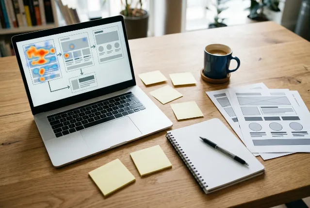 Conversion-research workspace with heatmap shapes, blank sticky notes, and abstract website wireframes