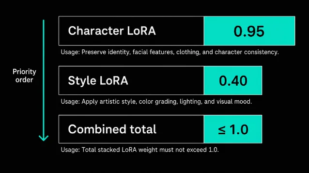 Flux 2 LoRA stacking priority diagram: Character LoRA at weight 0.95, Style LoRA at 0.40, combined total must stay at or below 1.0